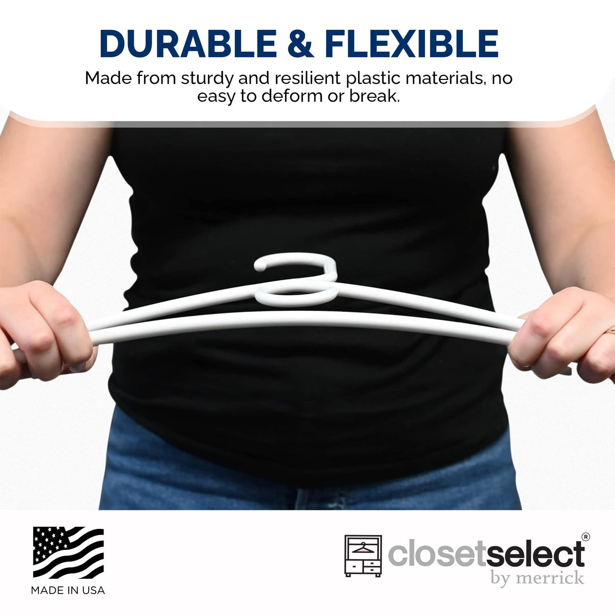ClosetSelect Merrick heavy-duty plastic hanger resists bending under weight.