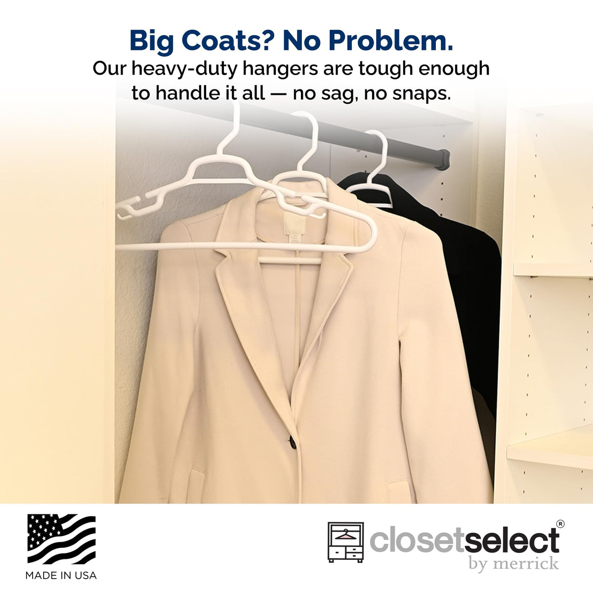 ClosetSelect Merrick oversized-coat hanger holds bulky jacket securely.