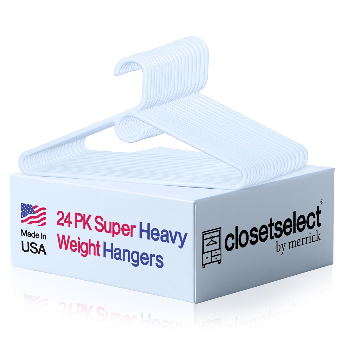 ClosetSelect heavy-duty white hanger 24-pack front view showing sturdy design for heavier garments