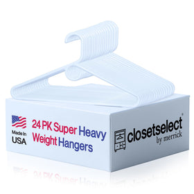 ClosetSelect heavy-duty white hanger 24-pack front view showing sturdy design for heavier garments