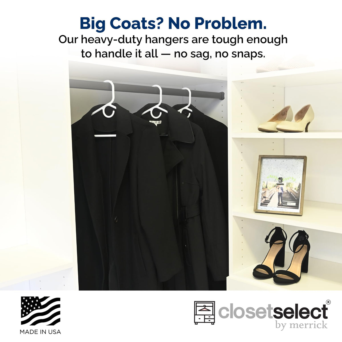 ClosetSelect white plastic hangers neatly display jackets on a rod.