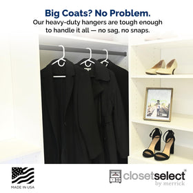 ClosetSelect white plastic hangers neatly display jackets on a rod.