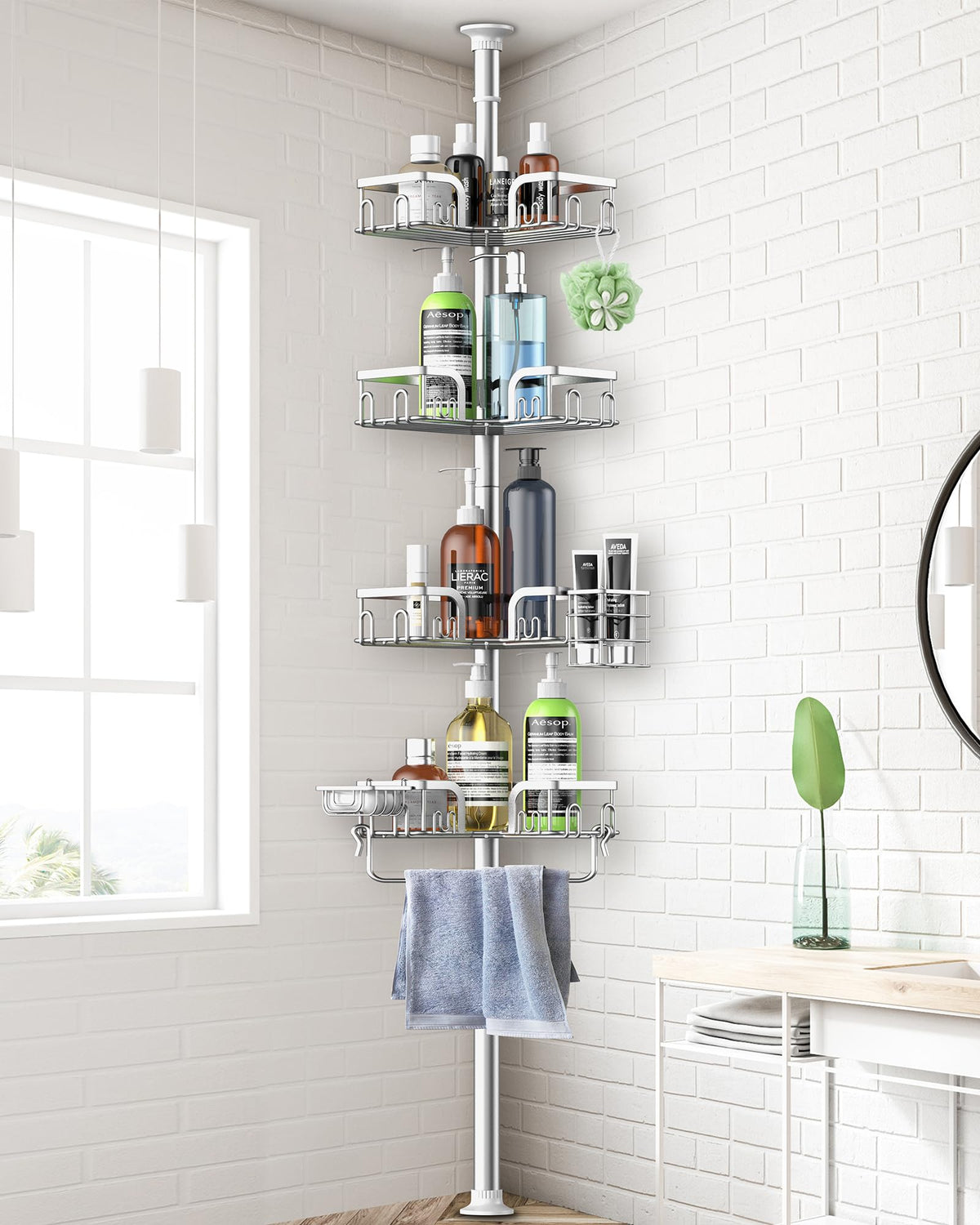 Clothink corner shower caddy with four tiers for organized bathroom storage.