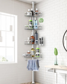 Clothink corner shower caddy with four tiers for organized bathroom storage.
