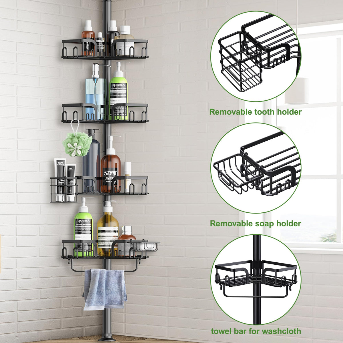 Clothink Corner Shower Caddy four-tier baskets maximize bathroom storage.