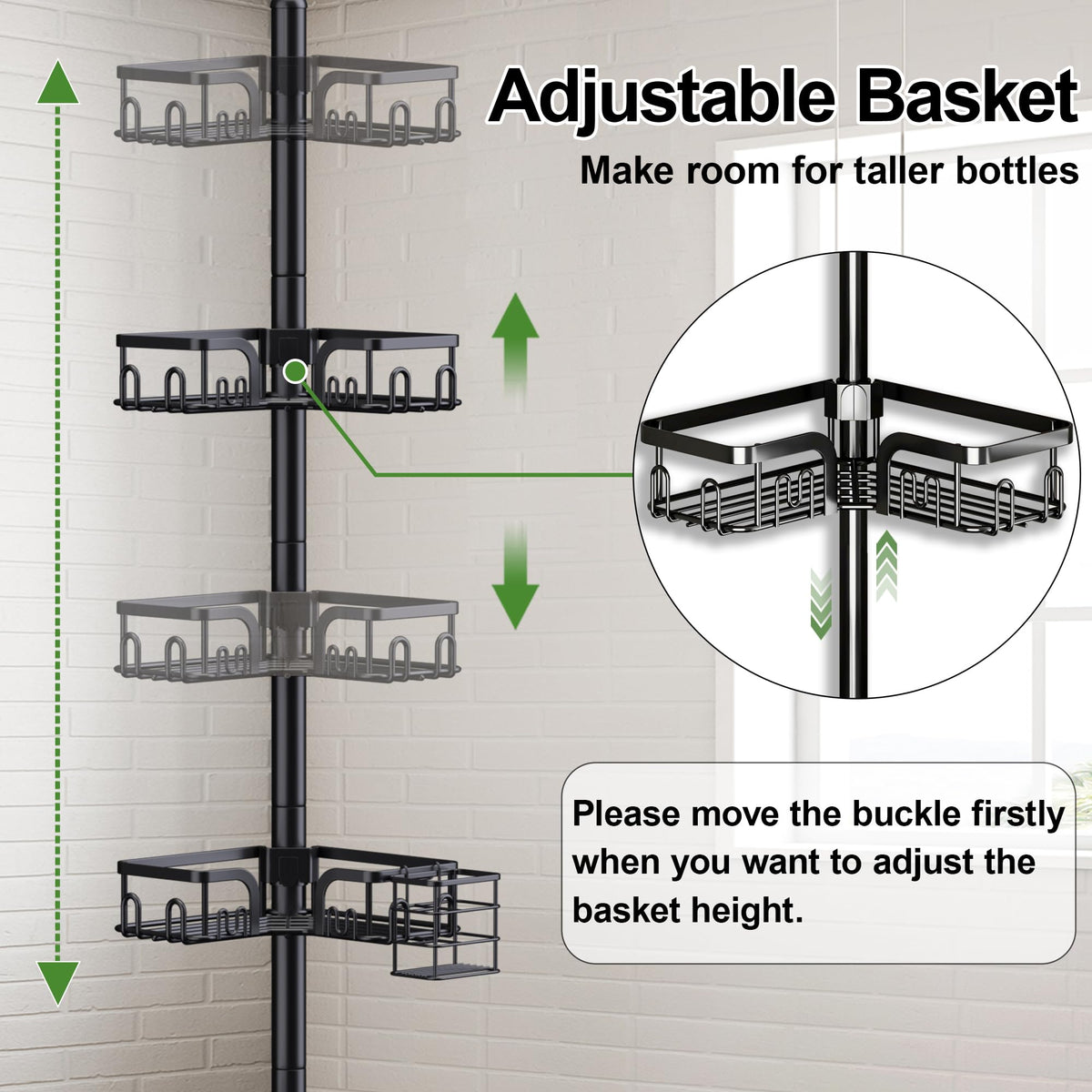 Clothink Corner Shower Caddy height adjustment fits standard ceilings.