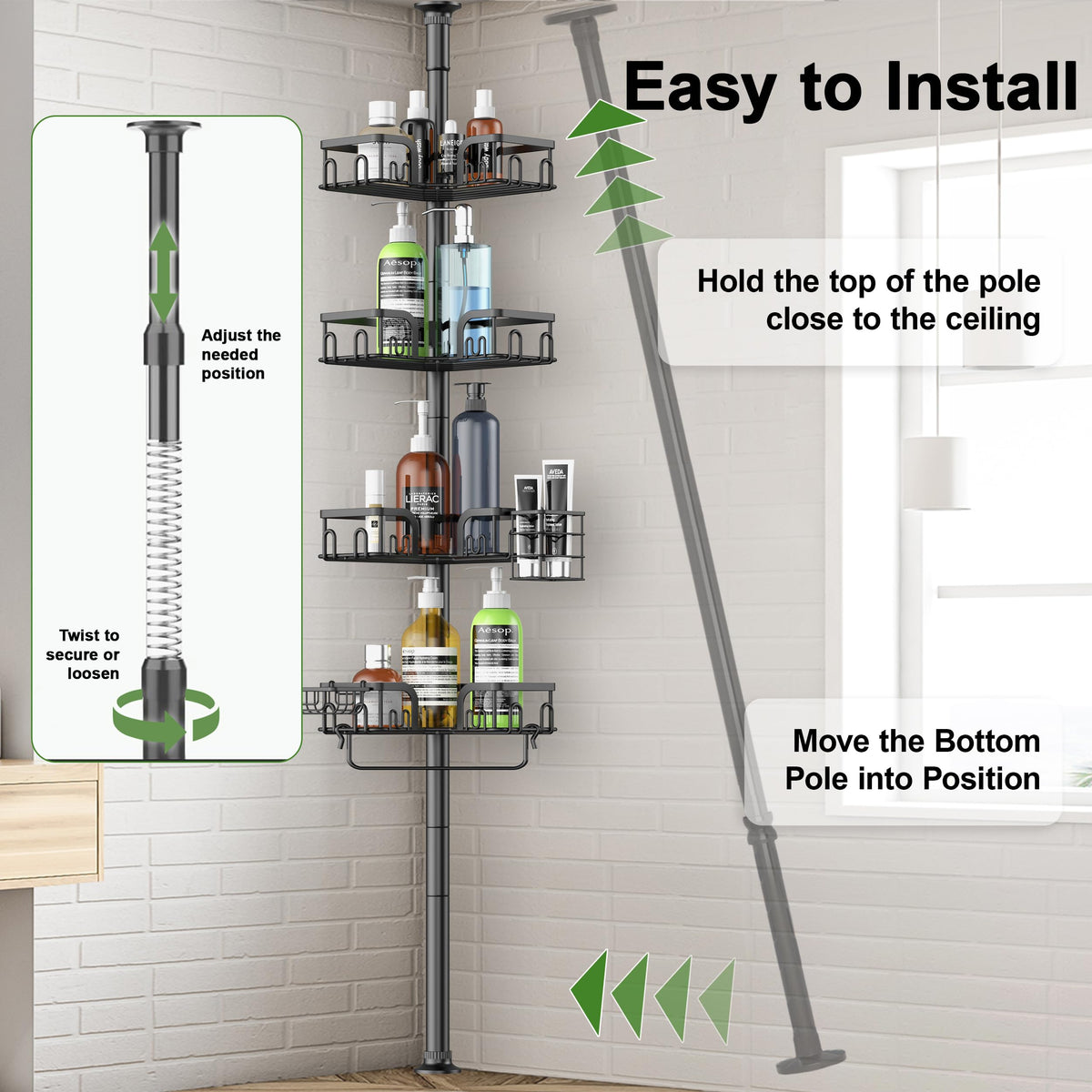 Clothink Corner Shower Caddy hooks provide quick hanging for tools.