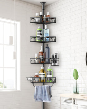 Clothink Corner Shower Caddy pole keeps essentials within easy reach.