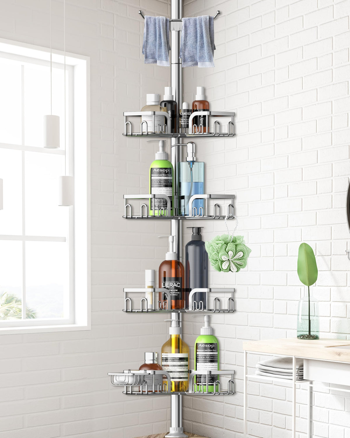 Clothink corner shower caddy with tension pole offers stable, space-saving storage in tight bathrooms.