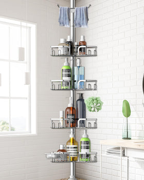 Clothink corner shower caddy with tension pole offers stable, space-saving storage in tight bathrooms.