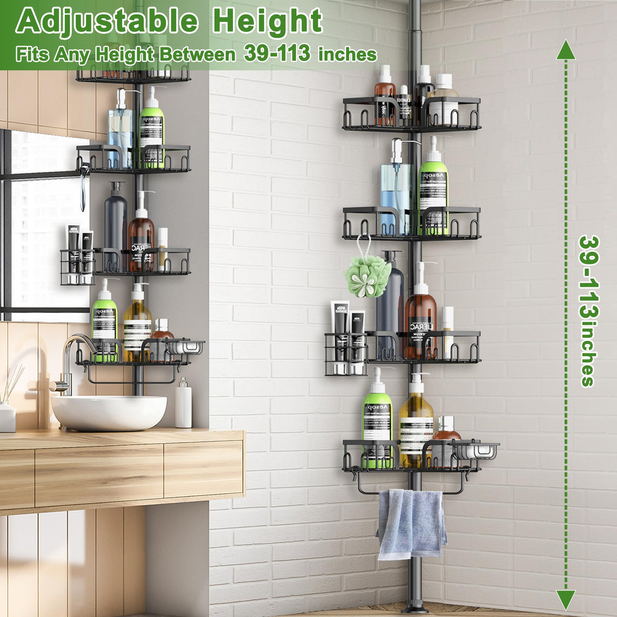 Clothink Corner Shower Caddy towel bar adds a convenient drying spot.