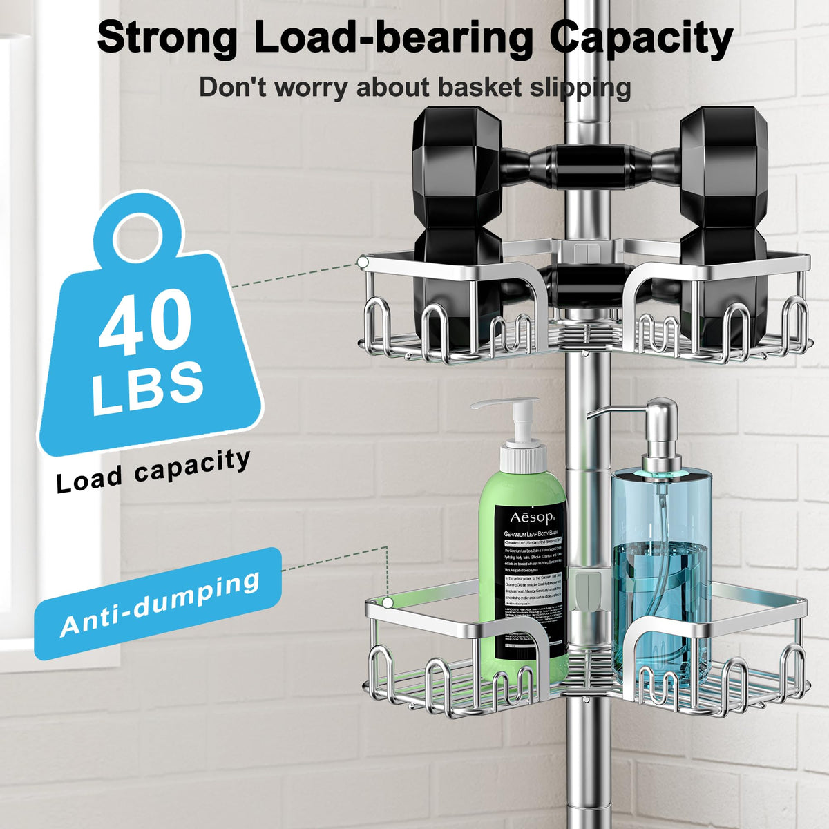 Clothink four-basket shower organizer provides ample space for shampoos, soaps, and tools.