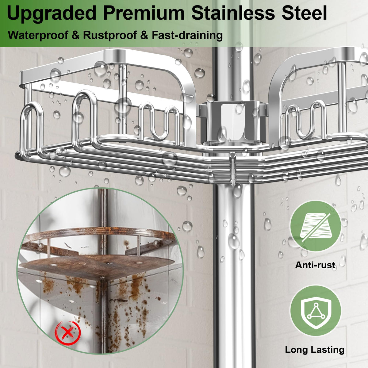 Clothink rustproof shower caddy's large baskets hold shampoos, soaps, and more.