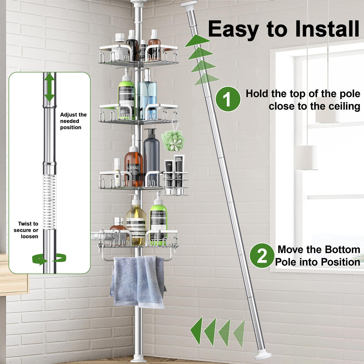 Clothink soap holder and towel bar add convenient storage within reach.