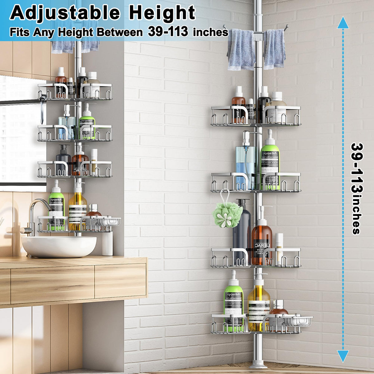 Clothink stainless steel shower shelf 4-tier keeps bottles organized and drainage efficient.