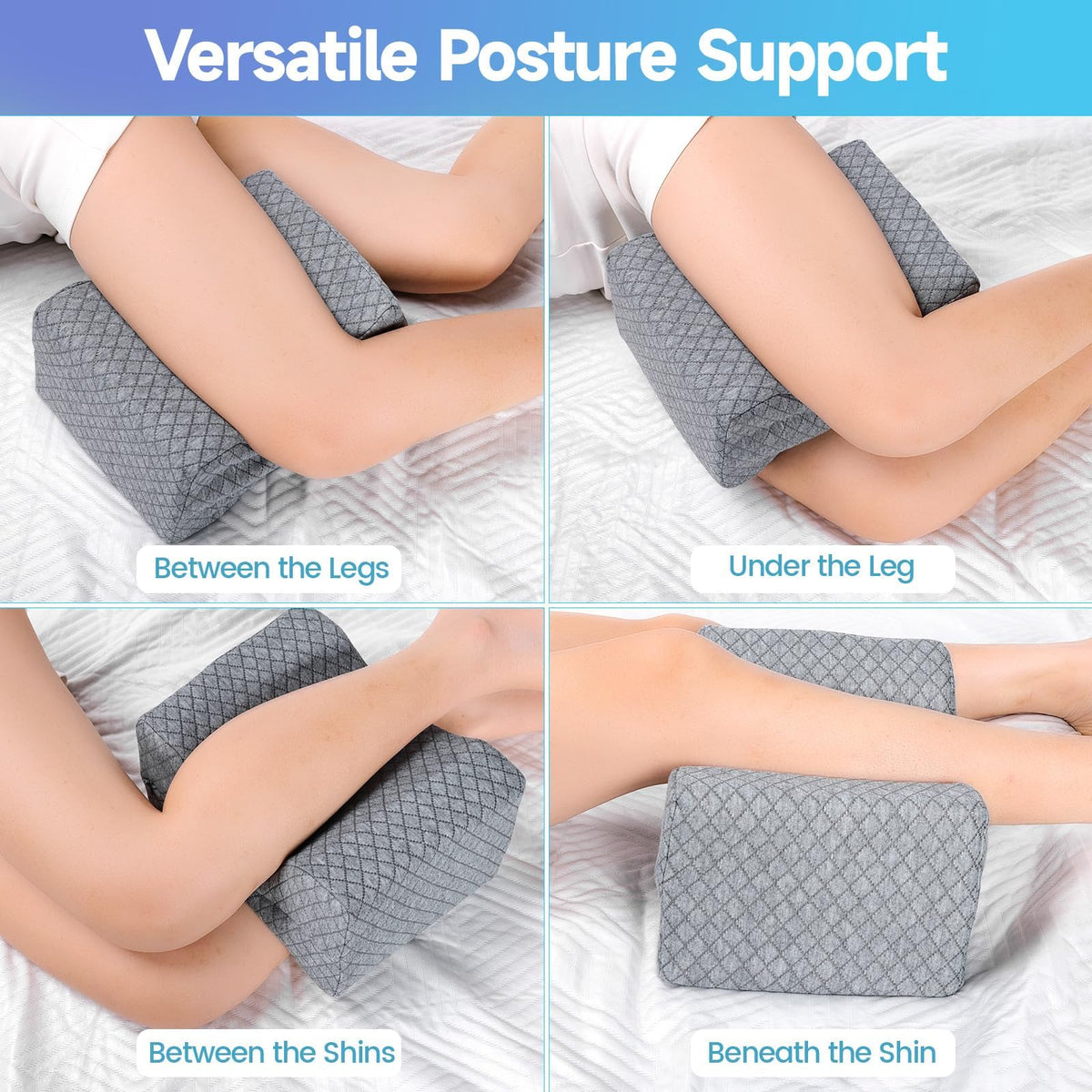CloudBliss knee pillow placed between legs to improve alignment and comfort.