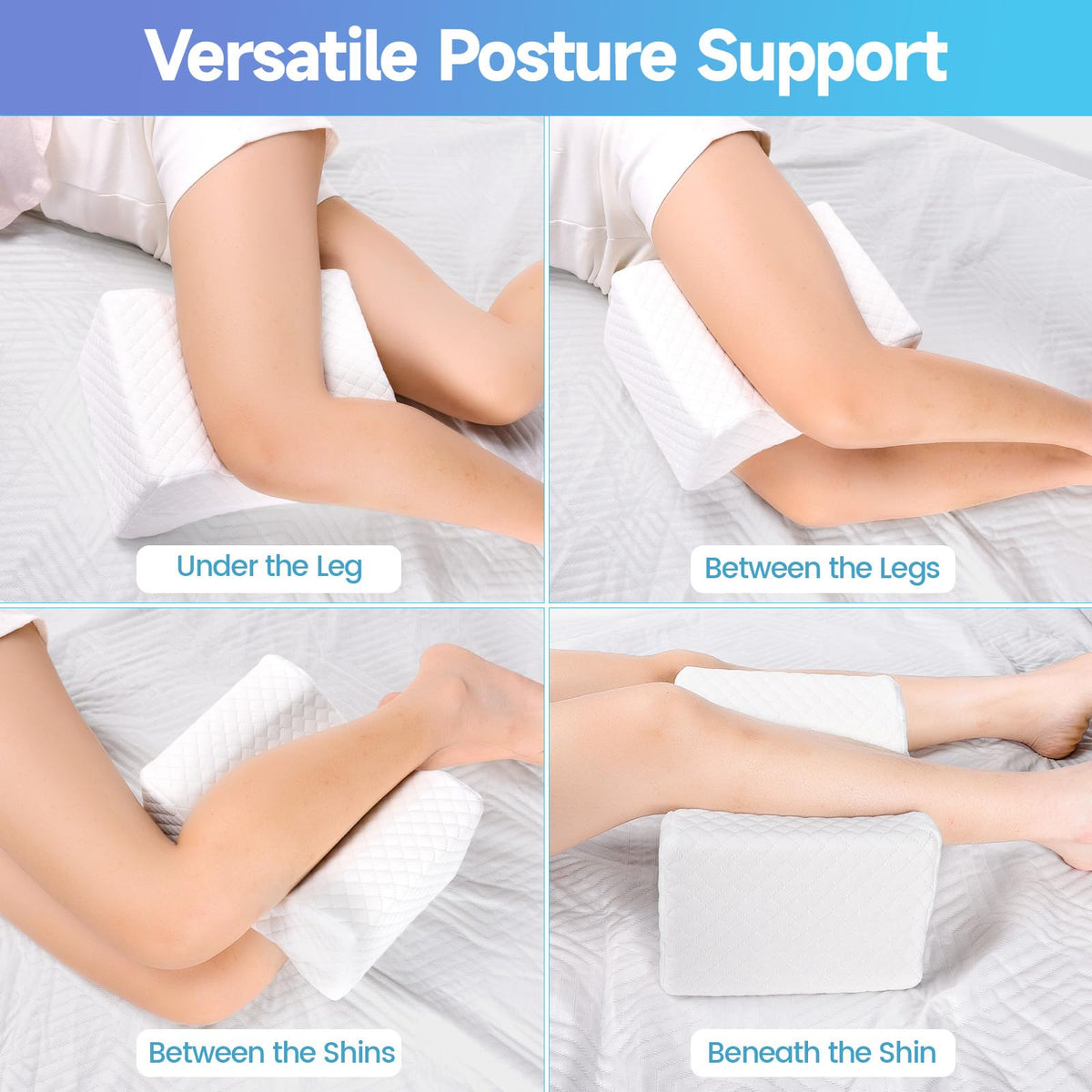 CloudBliss knee pillow breathable soft fabric stays cool all night.