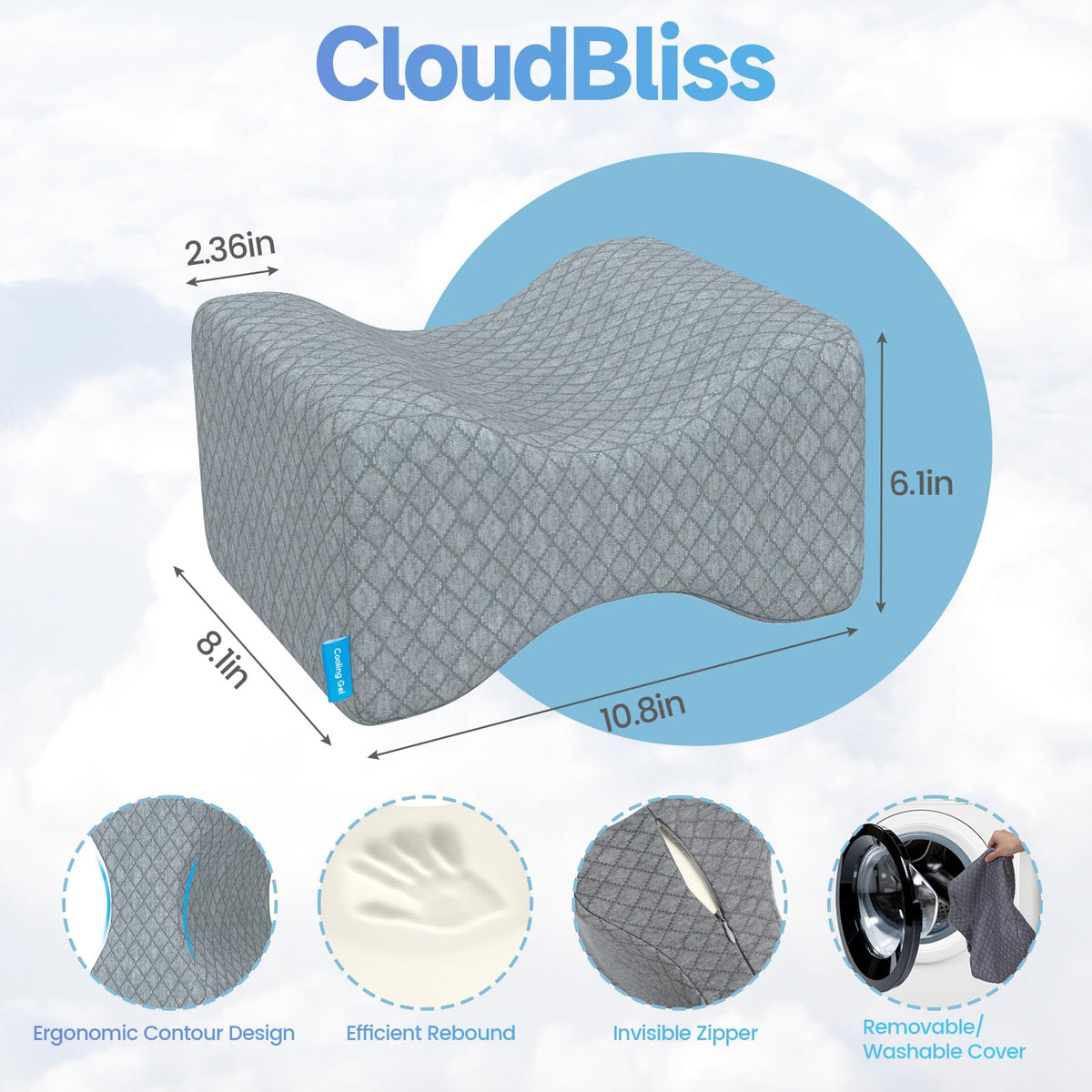 CloudBliss knee pillow with cooling gel layer for cooler nights.
