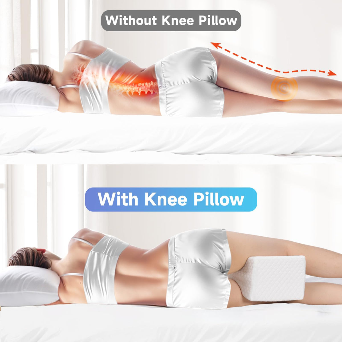 CloudBliss knee pillow dual-concave design stays in place for secure side sleeping.