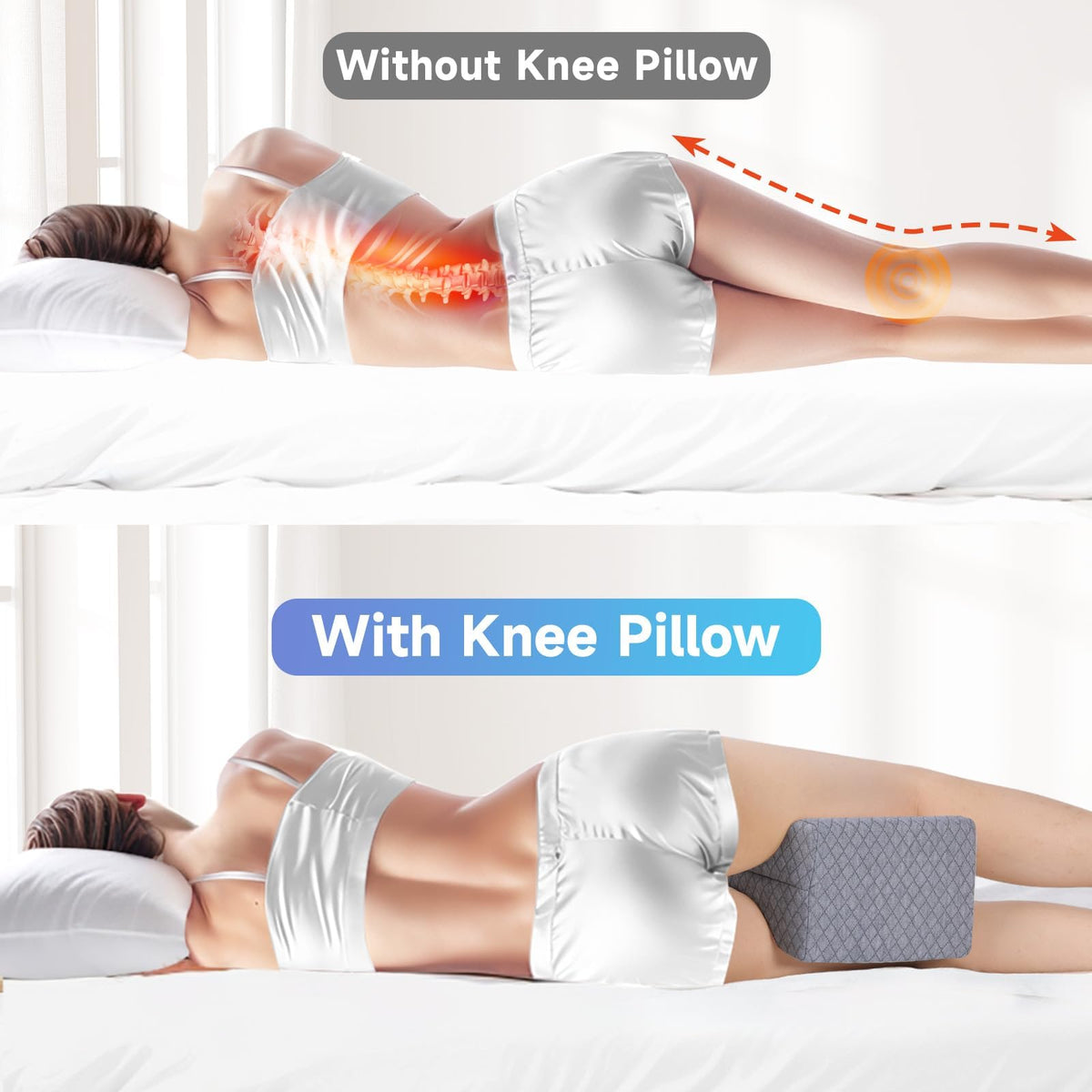CloudBliss knee pillow contour design for stable sleeping posture between the legs.
