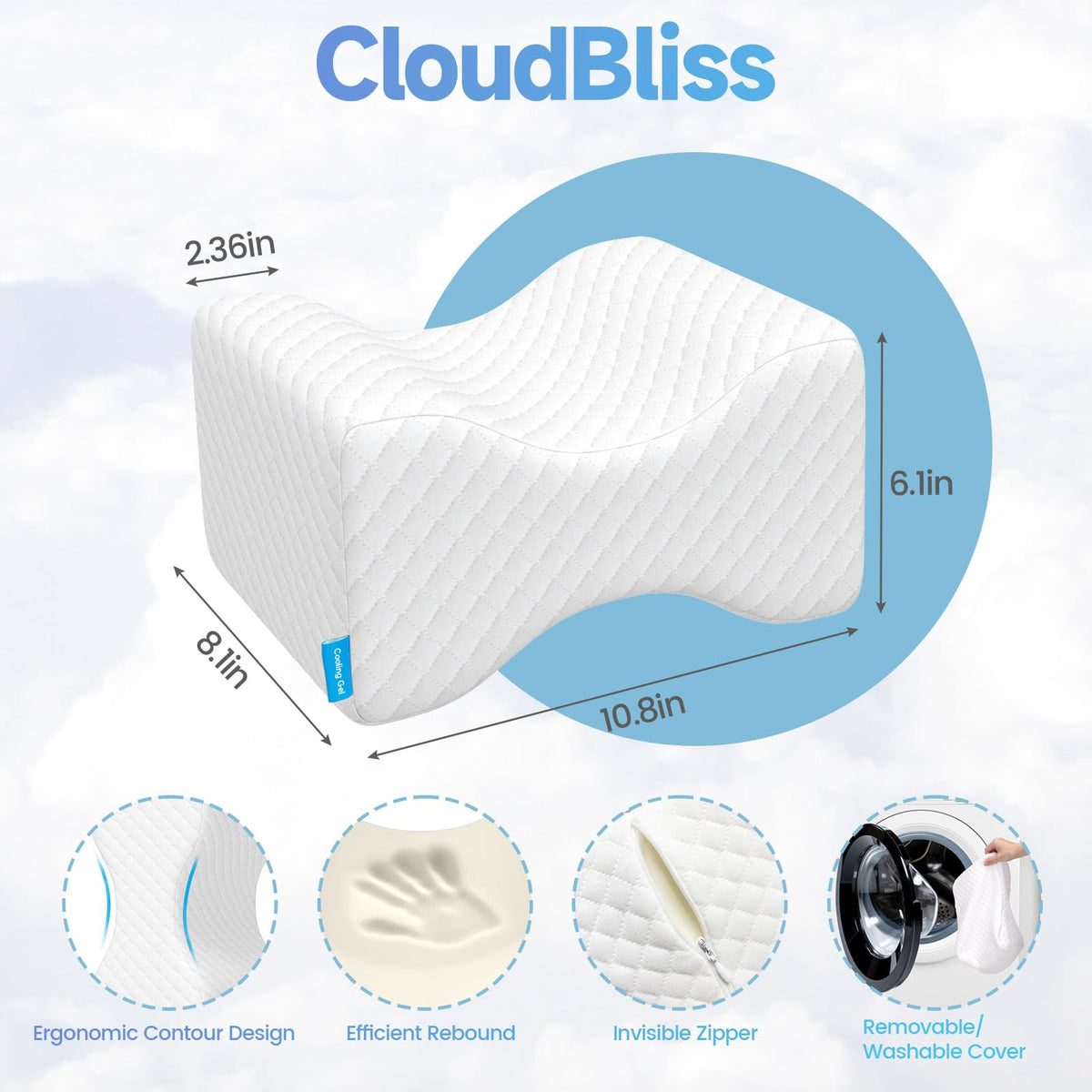 CloudBliss knee pillow memory foam support conforms to legs and hips.