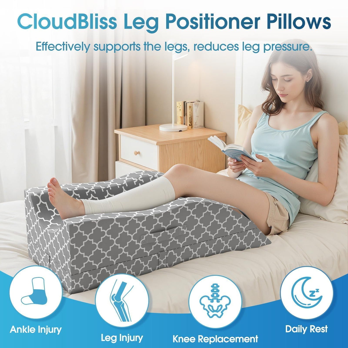 Cooling Ice Silk cover on CloudBliss leg elevation pillow remains breathable.