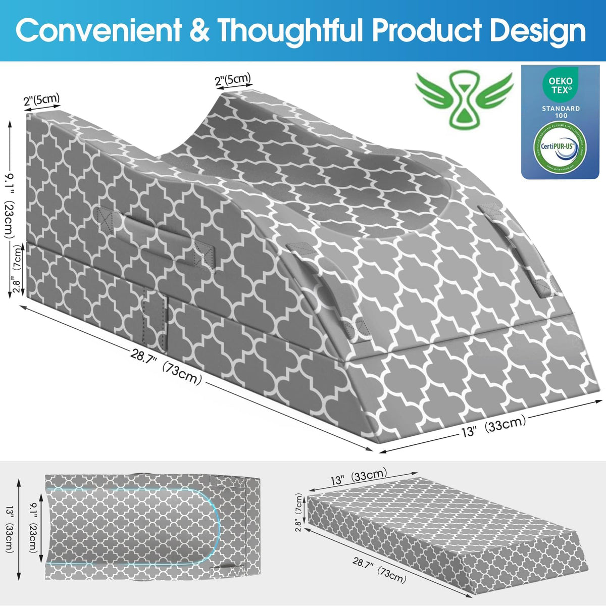 Dual handles on CloudBliss pillow allow easy adjustment and positioning.