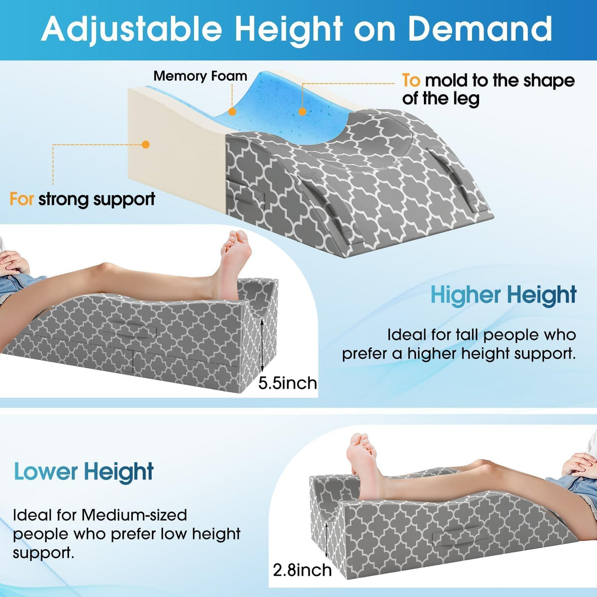 Memory foam top layer on CloudBliss pillow provides soft, supportive contact.