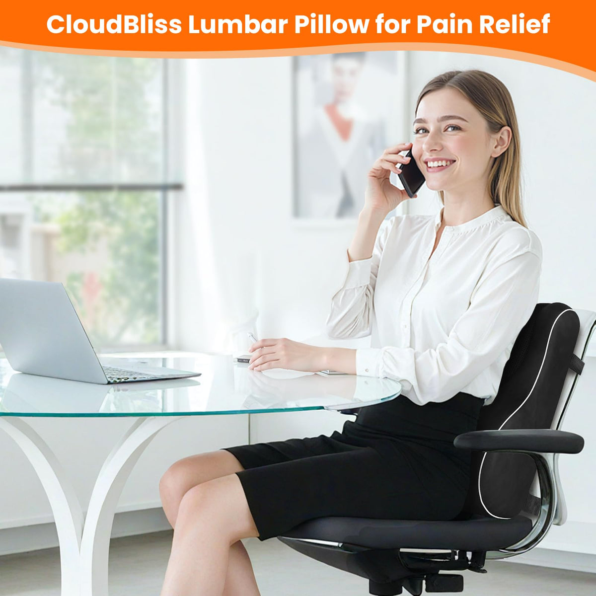 CloudBliss lumbar pillow adjustable straps and anti-slip bottom ensure secure fit
