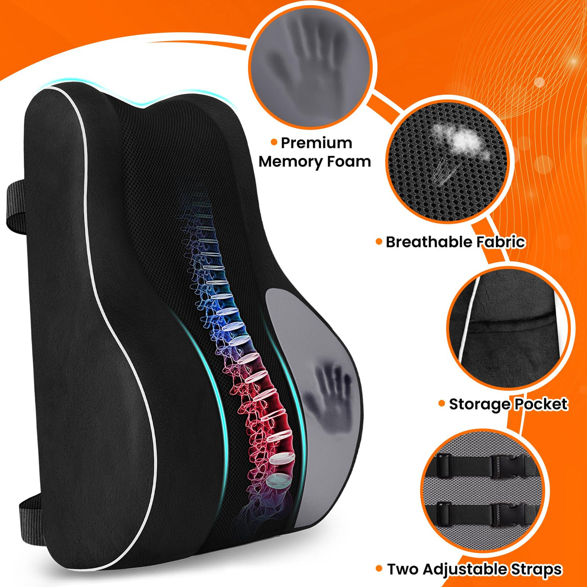 CloudBliss lumbar pillow on an office chair demonstrates secure fit and posture support