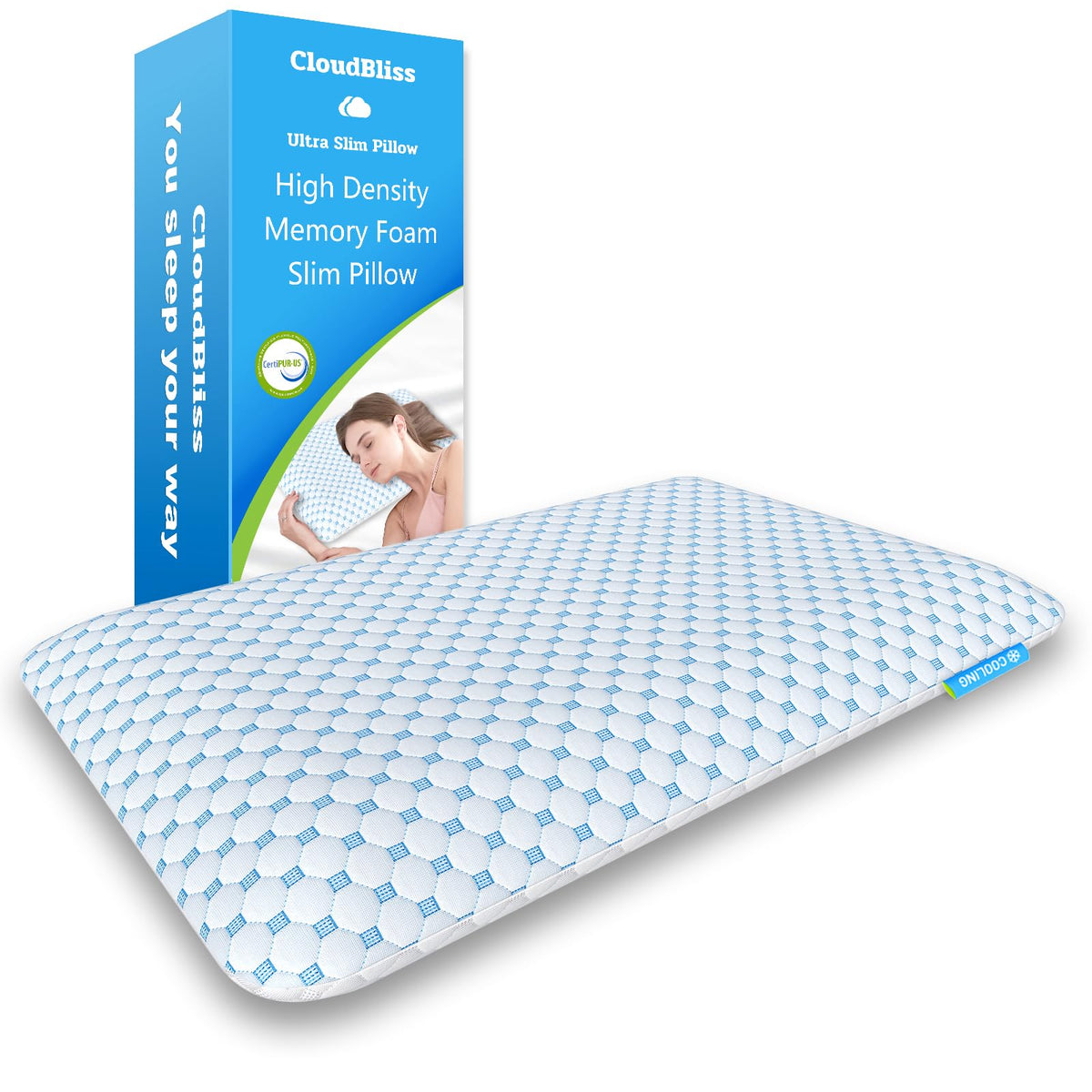 CloudBliss Thin Pillow 2.75 cover closeup, breathable fabric for cooler sleep.