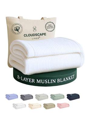 CLOUDSCAPE LINEN 8-layer muslin blanket on bed delivers full queen coverage for cozy nights