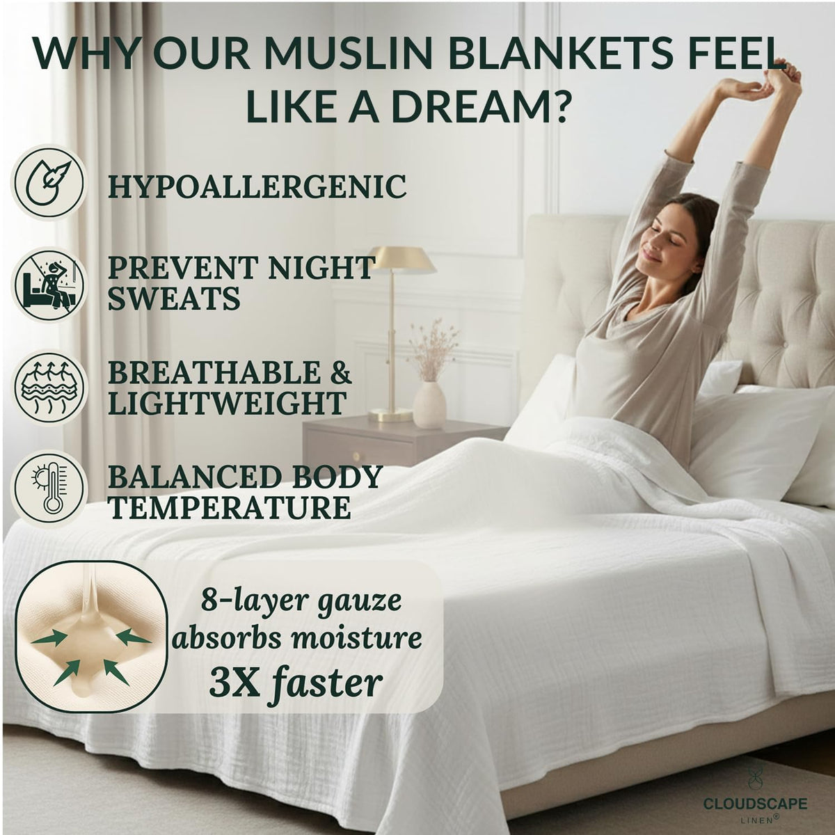 CLOUDSCAPE LINEN 8-layer muslin blanket draped over bed adds airy elegance
