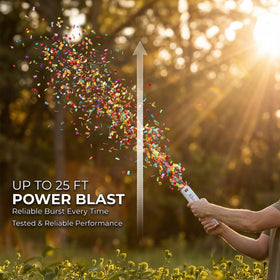 Clover 12-inch confetti cannon launches high, ideal for photo moments up to 25 feet.