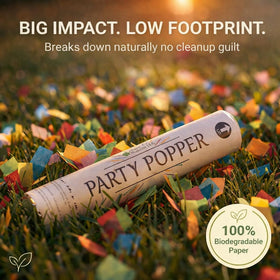 Clover 12-inch confetti cannon complements balloons and banners beautifully.