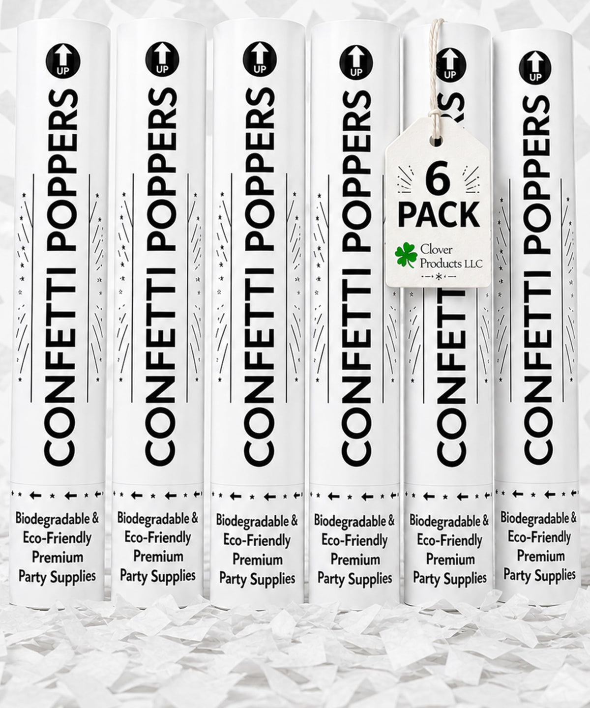 Clover 12-inch confetti cannon burst up to 25 feet for elegant celebrations.