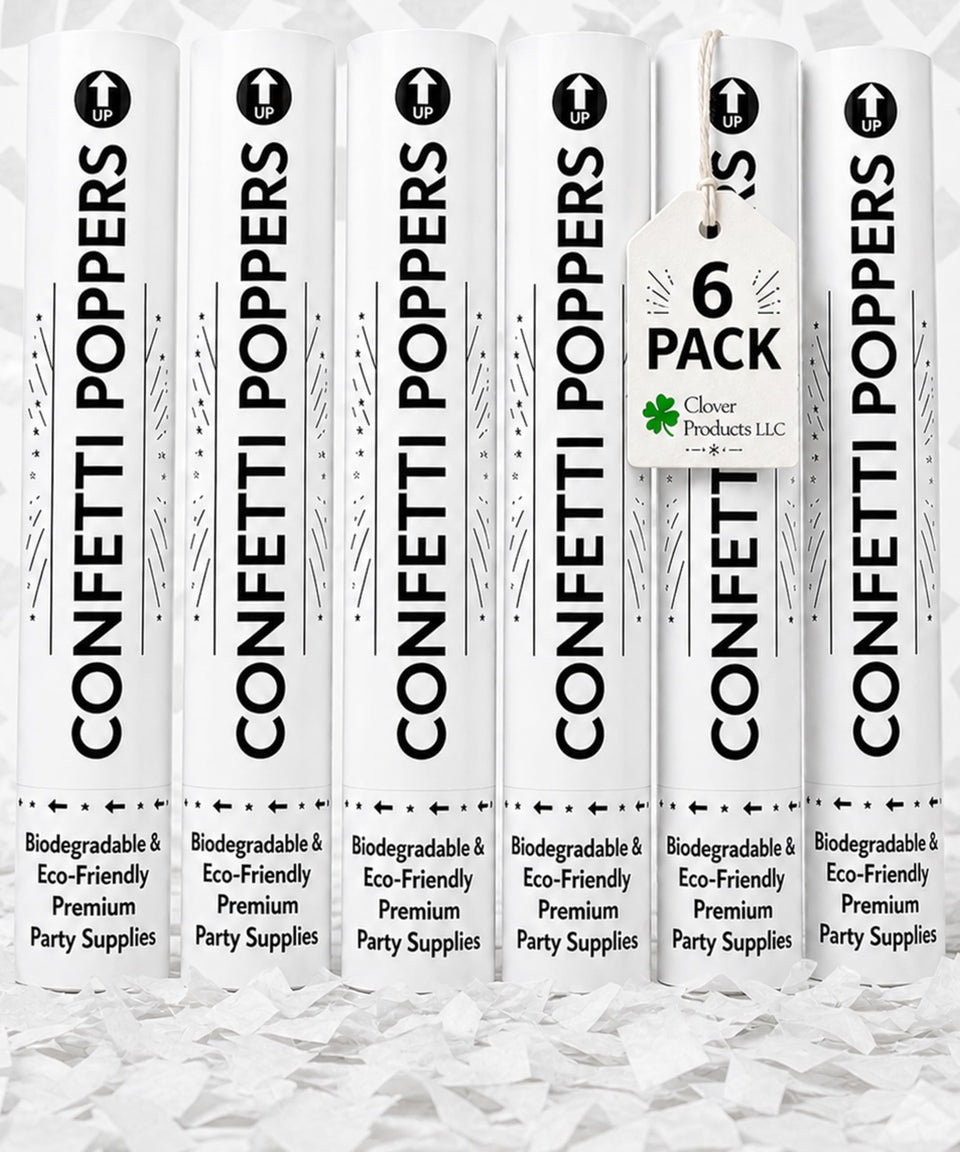 Clover 12-inch confetti cannon burst up to 25 feet for elegant celebrations.