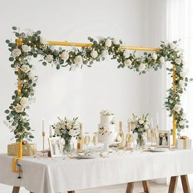 CludPark adjustable over-the-table arch stand with clamps securing a table backdrop for events.