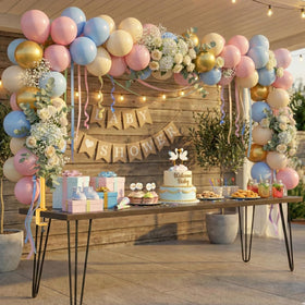 CludPark arch stand transforms a simple table into a dramatic backdrop for celebrations.