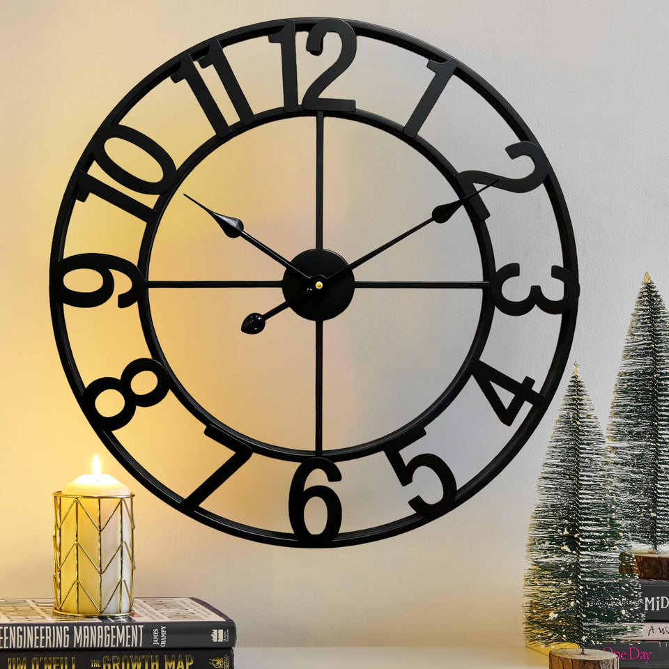 CLXEAST 24-inch clock dial close-up with bold numerals in matte black finish