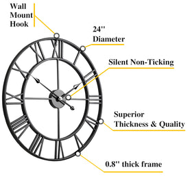 CLXEAST Black matte roman numeral clock adds a bold focal point in the living room.