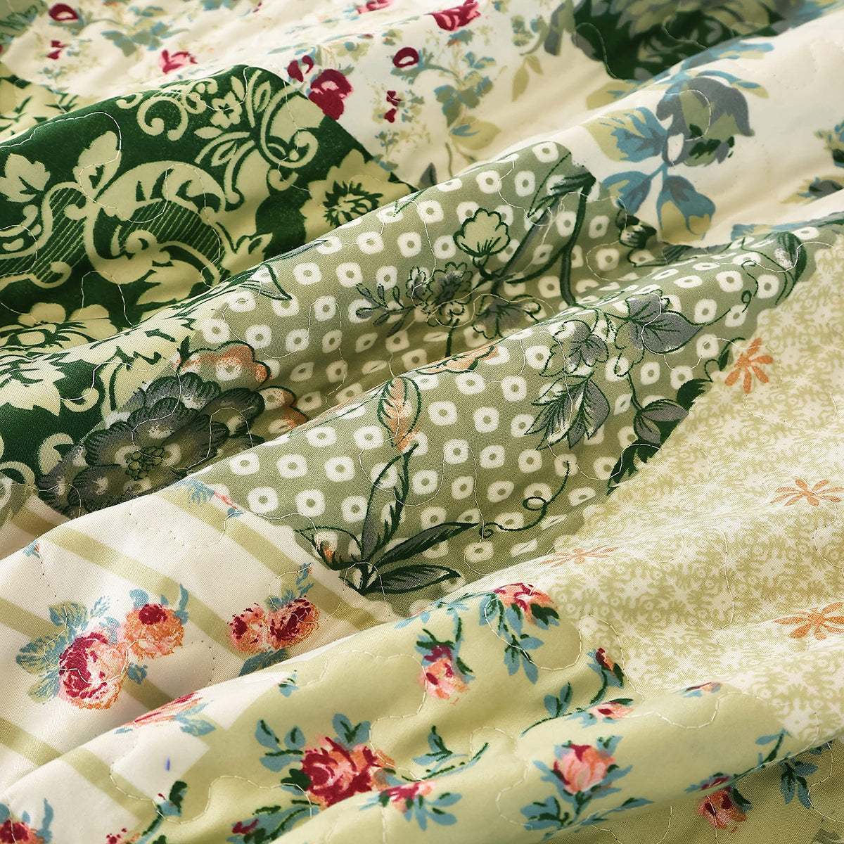 Fabric closeup shows microfiber texture and durable stitching on the bedspread.