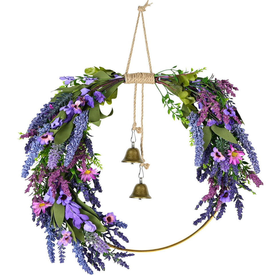 CMINAUS Lavender Wreath on front door with green leaves enhances curb appeal.