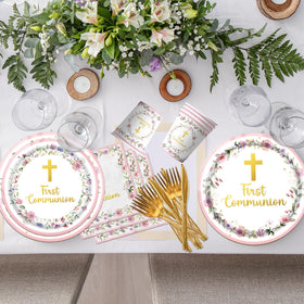 CMUSKO cross and flower design enhances christening decor with soft pink tones
