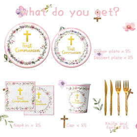 CMUSKO pink tableware with cross and flower motifs for a respectful ceremony feel