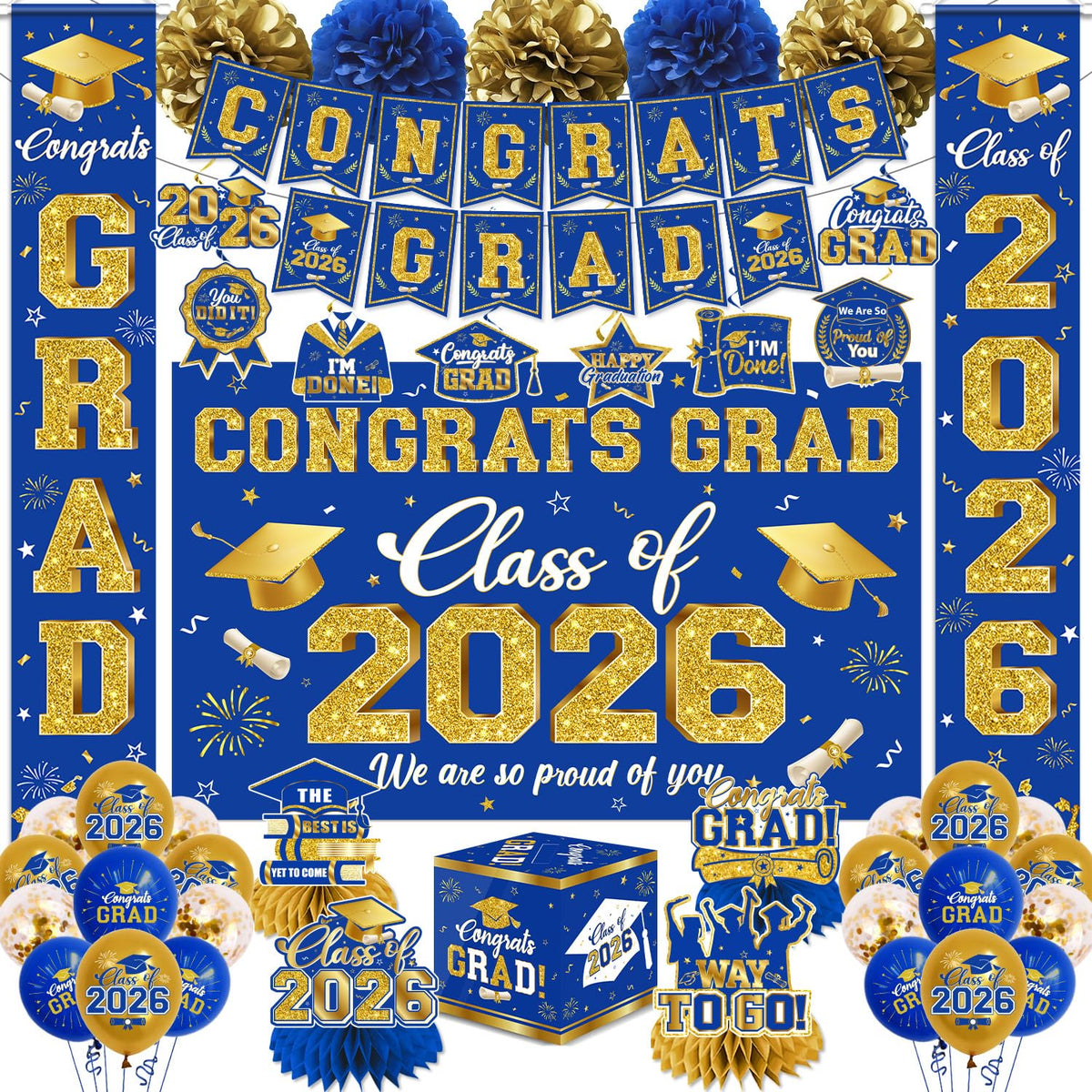 CMUSKO graduation backdrop in blue and gold for festive photo moments
