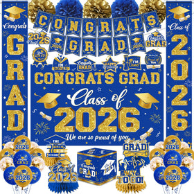 CMUSKO graduation backdrop in blue and gold for festive photo moments