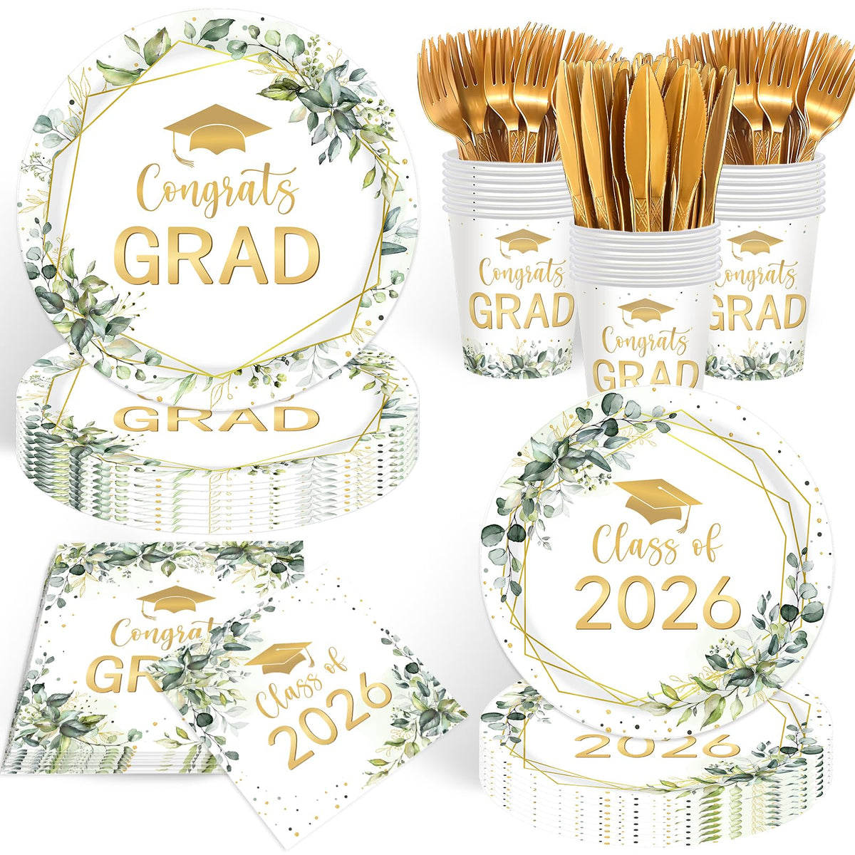 CMUSKO greenery grad 9-inch plates for graduation celebrations and easy cleanup