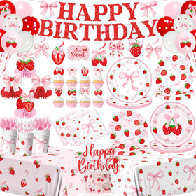 CMUSKO strawberry birthday banner adds festive flair for a berry first birthday.