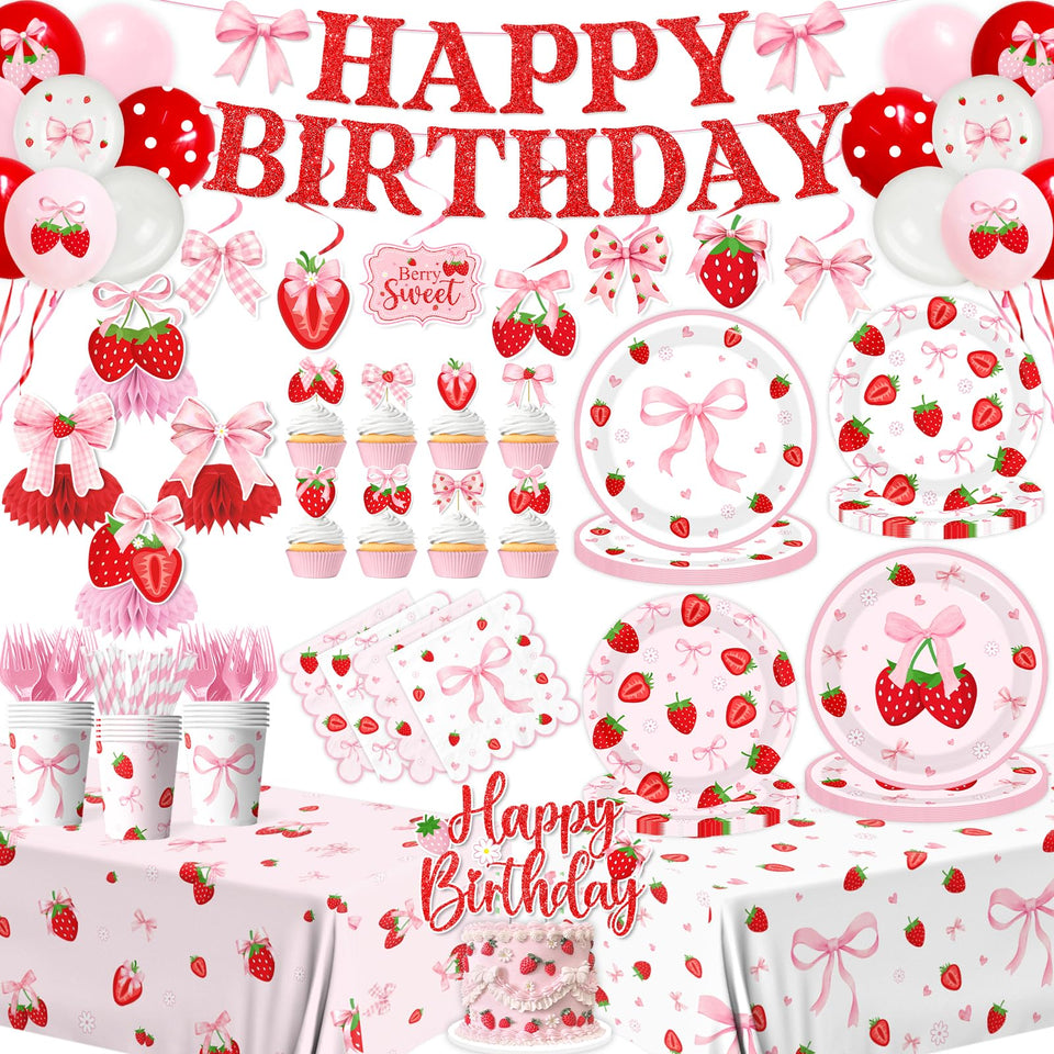 CMUSKO strawberry birthday banner adds festive flair for a berry first birthday.
